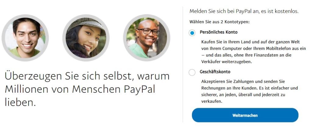 Kontoerstellung bei PayPal